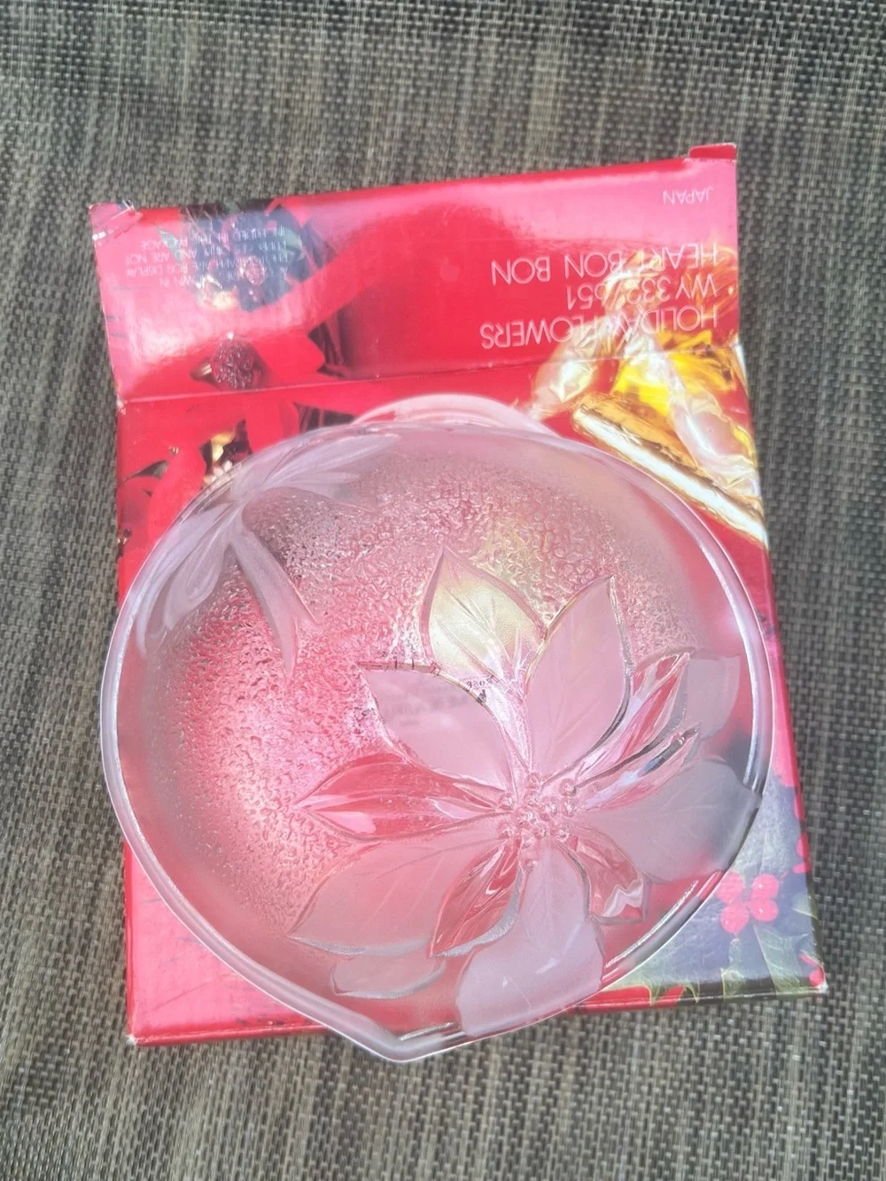 Vintage Heart Shaped Frosted Glass Trinket Jewelry Dish Floral Japan